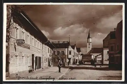 Foto-AK Ampfing, Zapfsäule, Volksbank, Kirche