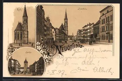 Lithographie Neuötting, Stadtplatz, Landshuter-Thor, Stadtthor