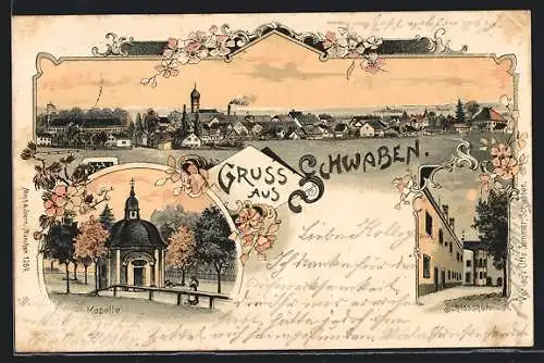 Lithographie Schwaben, Gesamtansicht, die Kapelle, der Schlosshof