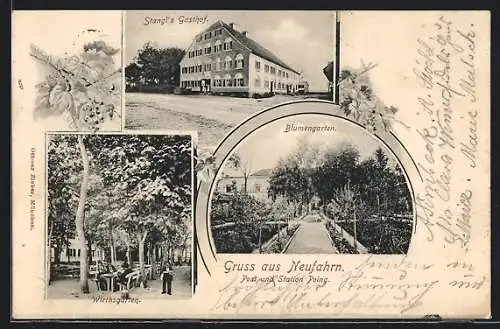 AK Neufarn / Poing, Stangl`s Gasthof, Wirthsgarten, Blumengarten