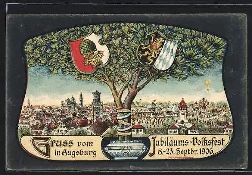 Lithographie Augsburg, Ortsansicht zum Jubiläums-Volksfest 1906, Augsburger und Bayrisches Wappen