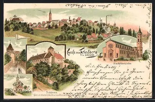 Lithographie Friedberg in Bayern, Gesamtansicht, Stadtpfarrkirche, Maria Alber, Schloss