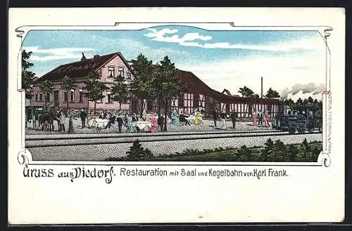 Lithographie Diedorf / Schwaben, Restaurant und Kegelbahn Karl Frank, Eisenbahn davor
