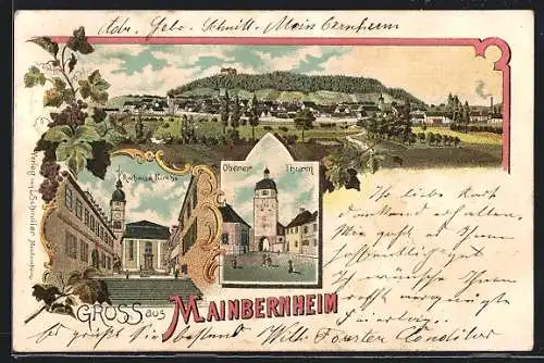 Lithographie Mainbernheim, Gesamtansicht, Rathaus. Kirche, Oberer Turm