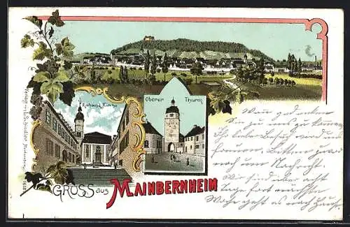 Lithographie Mainbernheim, Gesamtansicht, Rathaus und Kirche, Oberer Thurm