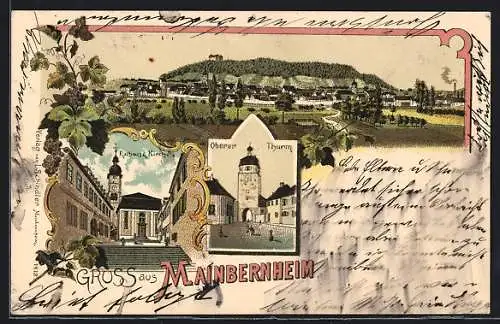 Lithographie Mainbernheim, Oberer Thurm, Rathaus & Kirche