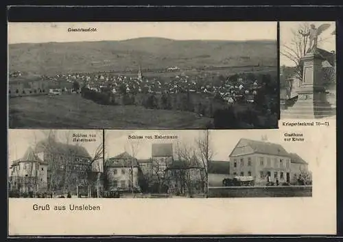 AK Unsleben, Gasthaus zur Krone, Schloss von Habermann, Kriegerdenkmal 70-71