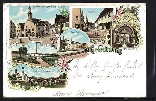 Lithographie Geiselhöring, Rathaus mit Regensburgerstrasse, Linsgasse, Malzfabrik, Ziegelei Ludwig Forstner & Co.