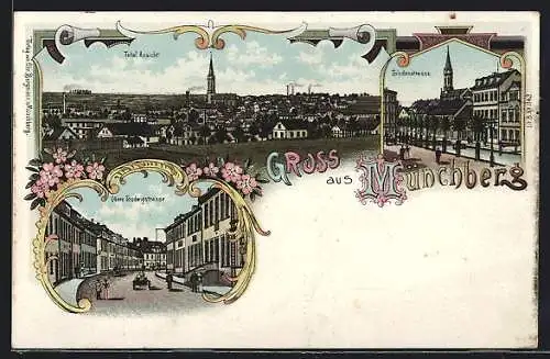 Lithographie Münchberg / Obfr., Totalansicht, Lindenstrasse, Obere Ludwigstrasse