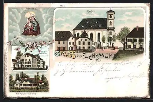 Lithographie Fuchsmühl, Maria Hilf, Kirche, Kurhaus und Badehaus in Otto-Bad