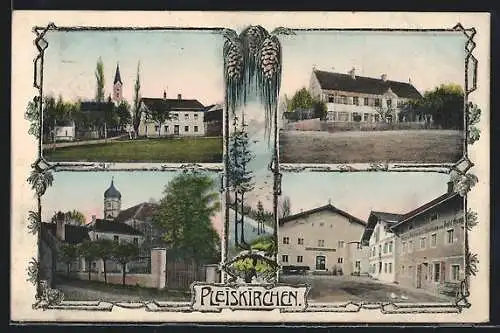 AK Pleiskirchen, Ortsansicht mit der Kirche, Schnittwaren-Handlung von Adolf Thing