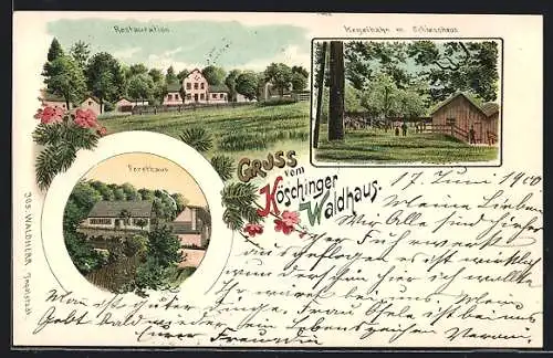 Lithographie Kösching, Restaurant Waldhaus, Forsthaus, Kegelbahn und Schiesshaus