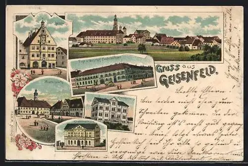 Lithographie Geisenfeld, Gasthof Fuchsbüchler und Post, Knabenschule, Krankenhaus