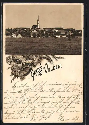 Lithographie Velden / Vils, Gesamtansicht mit zentraler Kirche