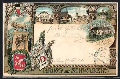 Lithographie Schwaben, Strassenpartie, Denkmal, Kapelle, Fahnen