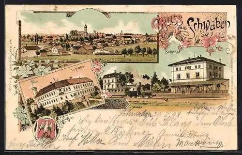 Lithographie Schwaben, Bahnhof, Schloss, Ortsansicht