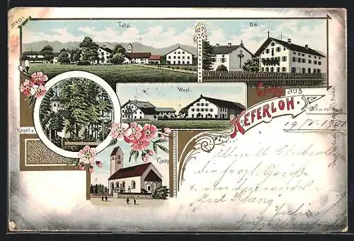 Lithographie Keferloh, Kirche, Kapelle, Teilansichten der Ortschaft