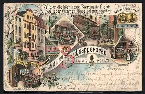 Lithographie Augsburg, der Schäpperbräu, Katzentisch, Gang, Lichthof, Aussenansicht