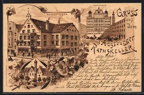 Lithographie Augsburg, Gasthaus Rathskeller, St. Maria Stern, Rathaus