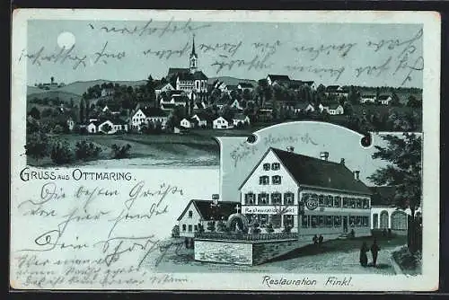 Mondschein-Lithographie Ottmaring, Restaurant Fink, Ortsansicht