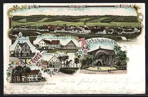 Lithographie Aletshausen, Gasthaus zur Krone, Obere Mühle, Handlung von M. Weber, Villa Romani, Lourdesgrotte