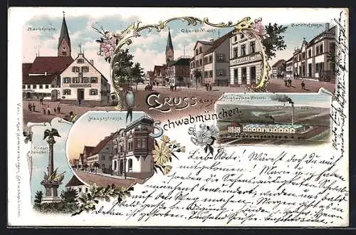 Lithographie Schwabmünchen, Oberer Markt, Hauptstrasse, Holzheysche Weberei, Bahnhofstrasse