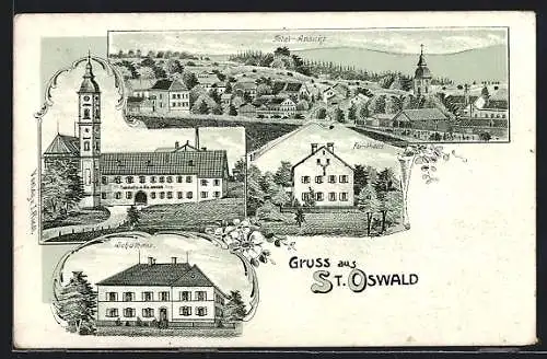 Lithographie St. Oswald, Forsthaus, Schulhaus, Gasthof, Ortsansicht