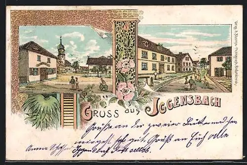Lithographie Iggensbach, Strassenpartie im Ort, Platz mit Kirche