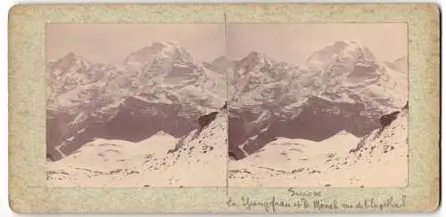 Stereo-Fotografie unbekannter Fotograf und Ort, Blick vom Engethal nach Jungfrau und Mönch, Gletscher, schweizer Alpen
