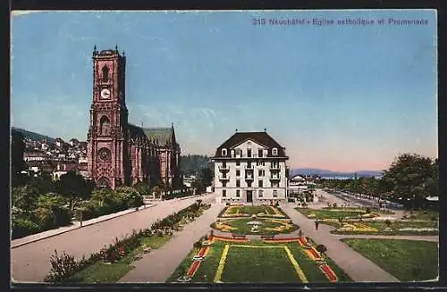 AK Neuchâtel, Eglise catholique et Promenade