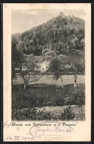 AK Rabenstein a. d. Pielach, Teilansicht vom Fluss aus, mit Burgruine