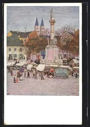Künstler-AK Klosterneuburg, Buntes Treiben auf dem Markt