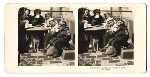 Stereo-Fotografie NPG, Berlin, Kinder als Erwachsene in preussischer Uniform Rgt. 16 mit Pickelhaube, Hund unterm Tisch