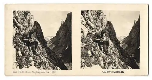 Stereo-Fotografie Max Helff, Graz, Bergsteiger rastet am Hang und macht sich Notizen
