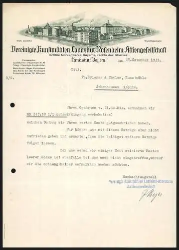 Rechnung Landshut /Bayern 1933, Vereinigte Kunstmühlen Landshut-Rosenheim AG, Die Werke in Landshut und Rosenheim