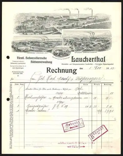 Rechnung Laucherthal 1912, Fürstl. Hohenzollernsche Hüttenverwaltung, Blick auf diverse Fabrikanlagen, Beamtenwohnung