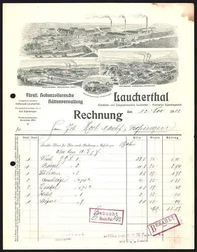 Rechnung Laucherthal 1912, Fürstl. Hohenzollernsche Hüttenverwaltung, Blick auf diverse Werksstellen, Beamtenwohnung