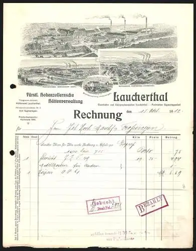 Rechnung Laucherthal 1912, Fürstl. Hohenzollernsche Hüttenverwaltung, Hauptwerk und Filialen Immendingen & Hammerau