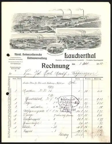 Rechnung Laucherthal 1912, Fürstl. Hohenzollernsche Hüttenverwaltung, Hauptfabrik und Filialen Immendingen & Hammerau