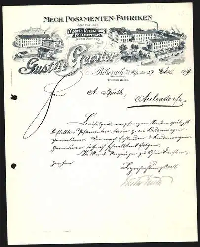 Rechnung Biberach 1909, Gustav Gerster, Mech. Posamenten-Fabriken, Werke Weberbergstrasse und Wielandstrasse