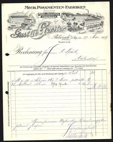 Rechnung Biberach 1909, Gustav Gerster, Mech. Posamenten-Fabriken, Betriebe Weberbergstrasse und Wielandstrasse