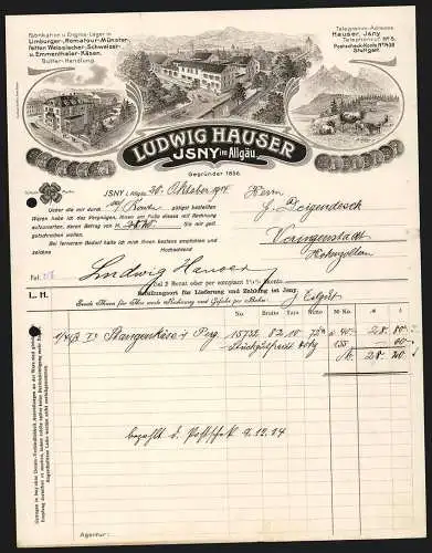 Rechnung Isny im Allgäu 1914, Ludwig Hauser, Käse-Fabrik & Butter-Handlung, Zwei Geschäftsstellen und die Kuhweide
