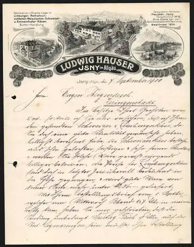 Rechnung Isny im Allgäu 1908, Ludwig Hauser, Käse-Fabrik & Butter-Handlung, Zwei Geschäftsstellen und die Kuhweide