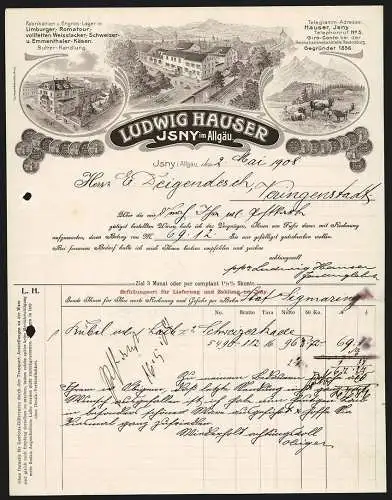 Rechnung Isny im Allgäu 1908, Ludwig Hauser, Käse-Fabrik & Butter-Handlung, Zwei Betriebsstellen und die Kuhweide