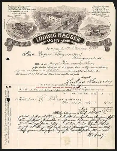 Rechnung Isny im Allgäu 1908, Ludwig Hauser, Käse-Fabrik & Butter-Handlung, Zwei Betriebe und die Kuhweide
