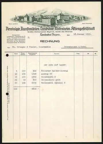 Rechnung Landshut /Bayern 1933, Vereinigte Kunstmühlen Landshut-Rosenheim AG, Die beiden Werke am Fluss