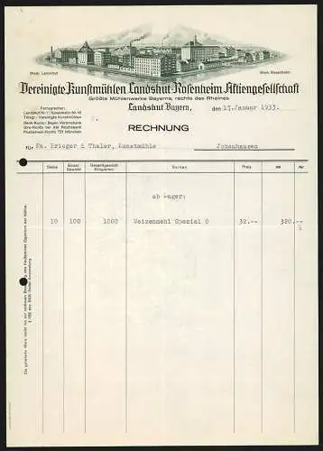 Rechnung Landshut /Bayern 1933, Vereinigte Kunstmühlen Landshut-Rosenheim AG, Montageansicht der beiden Werke zusammen