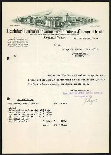 Rechnung Landshut /Bayern 1933, Vereinigte Kunstmühlen Landshut-Rosenheim AG, Beide Werke zusammengelegt