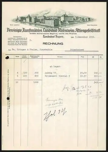 Rechnung Landshut /Bayern 1932, Vereinigte Kunstmühlen Landshut-Rosenheim AG, Beide Fabriken zusammengelegt