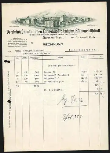 Rechnung Landshut /Bayern 1932, Vereinigte Kunstmühlen Landshut-Rosenheim AG, Die beiden Mühlenbetriebe